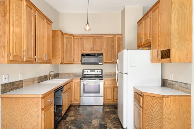 16860 Grenadier Ave, Lakeville, MN 55044 - kitchen with light countertops, a sink, pendant lighting, stone finish flooring, and black appliances