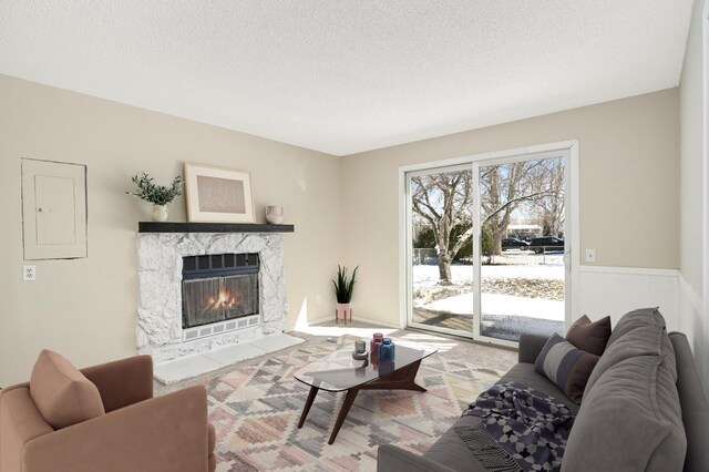 16860 Grenadier Ave, Lakeville, MN 55044 - living room with a textured ceiling, a fireplace, and electric panel