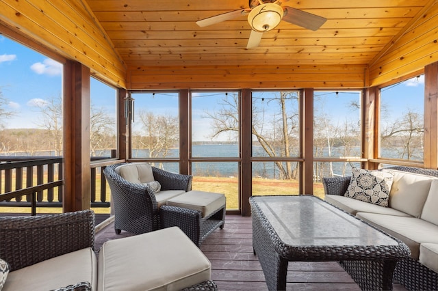 sunroom / solarium with plenty of natural light, wooden ceiling, a water view, and vaulted ceiling