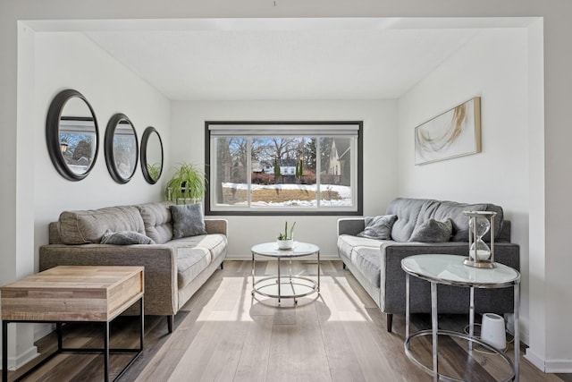 living area featuring baseboards and wood finished floors