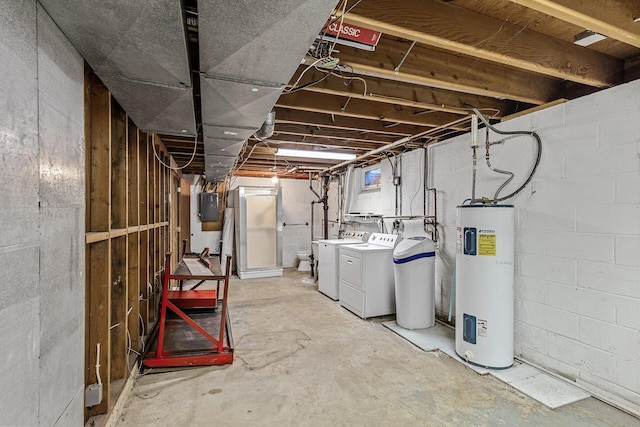 unfinished below grade area with washing machine and dryer and electric water heater