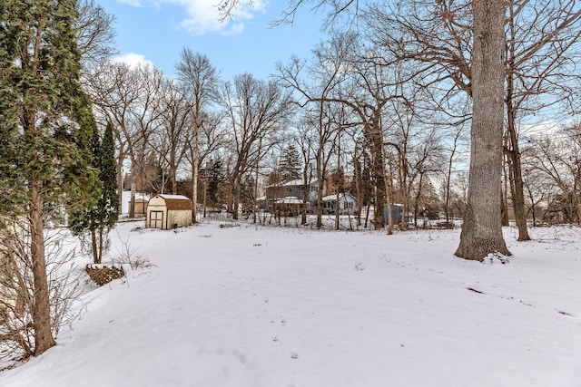 yard layered in snow with a storage shed and an outbuilding