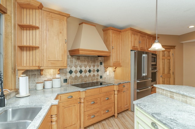 kitchen with appliances with stainless steel finishes, light wood-type flooring, custom exhaust hood, decorative backsplash, and pendant lighting