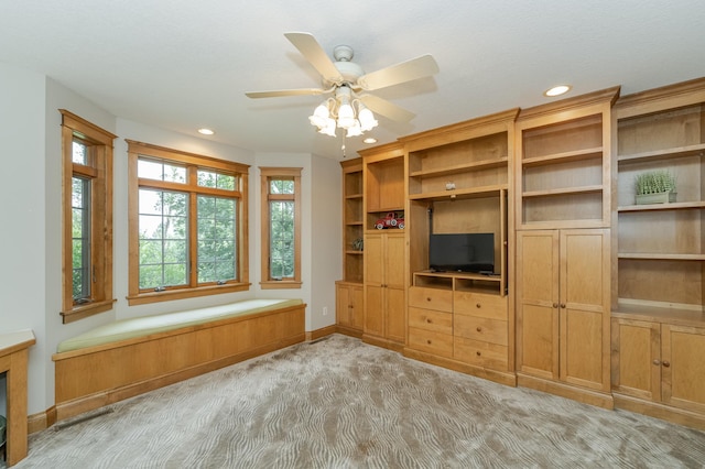 unfurnished living room featuring ceiling fan, recessed lighting, carpet flooring, and baseboards