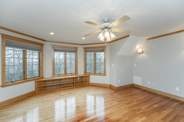 unfurnished room featuring baseboards, ornamental molding, hardwood / wood-style floors, and recessed lighting