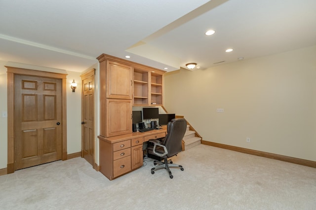 home office featuring light carpet, baseboards, and recessed lighting