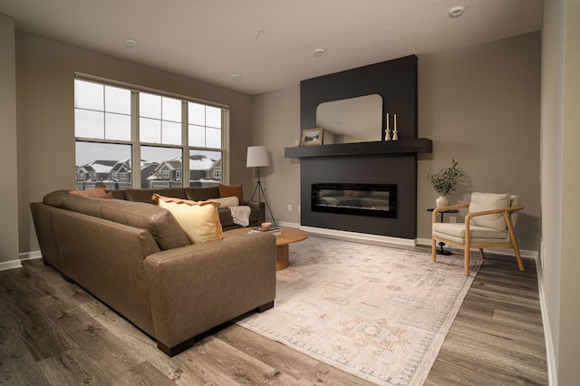 living room with wood finished floors, a glass covered fireplace, and baseboards