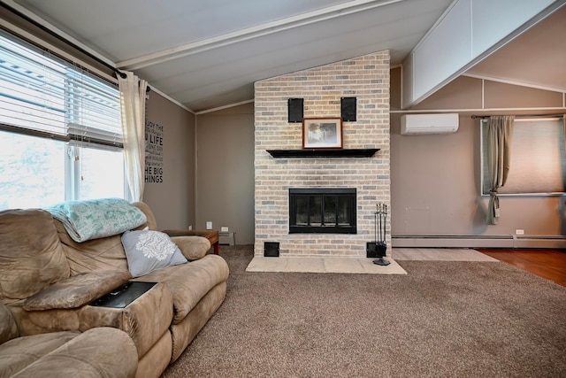 carpeted living area featuring lofted ceiling, an AC wall unit, a fireplace, and a baseboard radiator