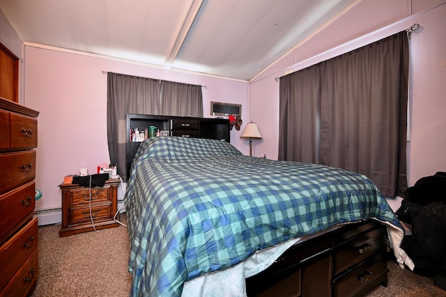 bedroom featuring lofted ceiling, baseboard heating, and light colored carpet