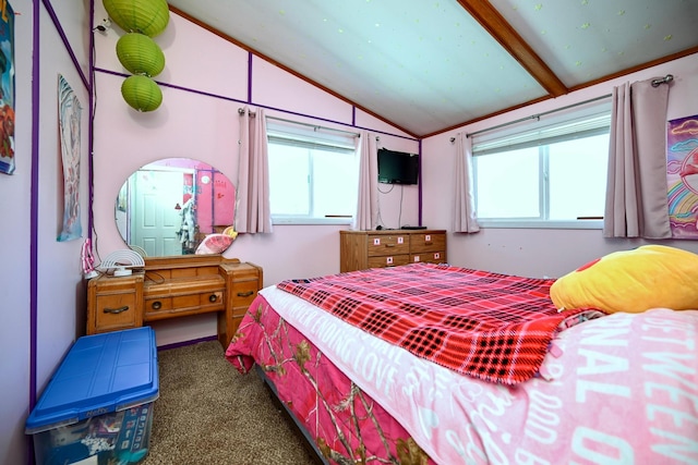 bedroom with vaulted ceiling with beams, multiple windows, and dark colored carpet