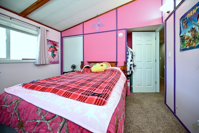 bedroom with lofted ceiling and dark carpet