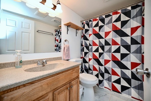 bathroom featuring visible vents, marble finish floor, vanity, and toilet