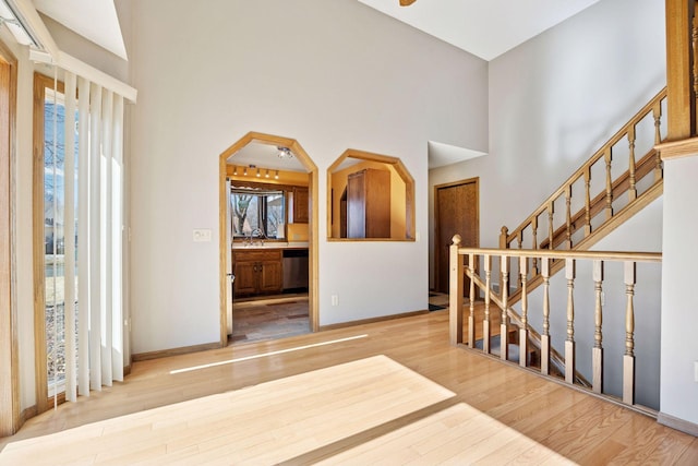 foyer entrance with a healthy amount of sunlight, a towering ceiling, baseboards, and wood finished floors