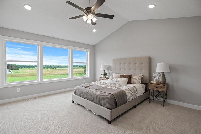 3047X Nicholas St, Grand Rapids, MN 55744 - bedroom with visible vents, baseboards, vaulted ceiling, carpet flooring, and recessed lighting