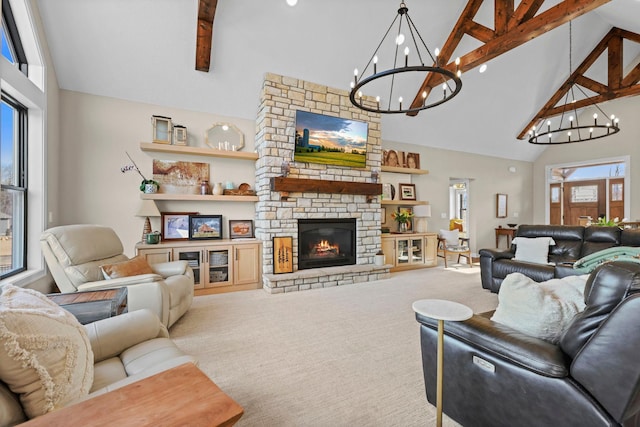 19986 Unity St NW, Oak Grove, MN 55011 - living area with a fireplace, beamed ceiling, high vaulted ceiling, carpet, and a notable chandelier