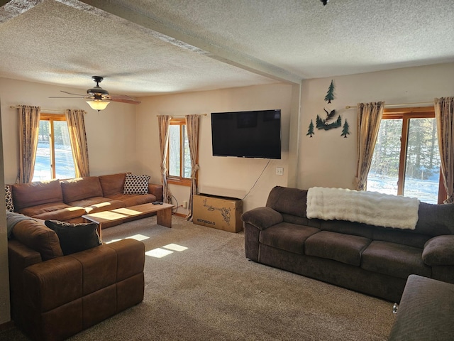 carpeted living area with a textured ceiling, ceiling fan, and a healthy amount of sunlight