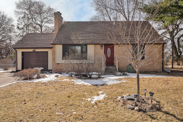 view of front of home with a garage, brick siding, a chimney, and a shingled roof