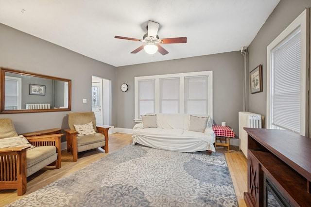 1001 Humboldt Ave W, Saint Paul, MN 55118 - living room with radiator heating unit, baseboards, ceiling fan, and light wood-style flooring