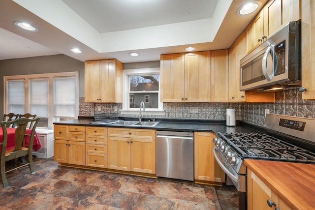 1001 Humboldt Ave W, Saint Paul, MN 55118 - kitchen with a sink, appliances with stainless steel finishes, stone finish floor, and backsplash