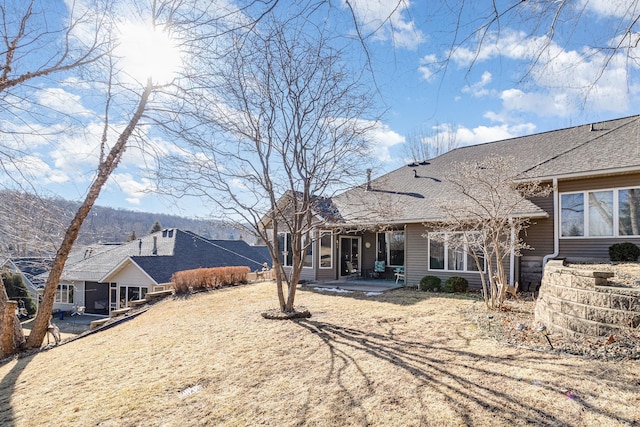 rear view of property with a patio area and roof with shingles