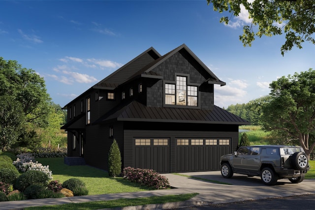 view of front of house with an attached garage, a standing seam roof, metal roof, and concrete driveway