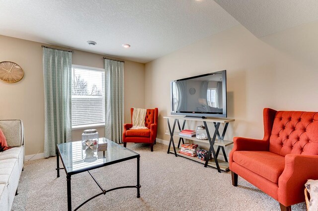 living room featuring baseboards, a textured ceiling, and light colored carpet