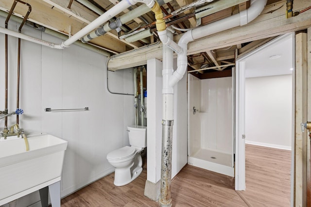 bathroom featuring toilet, wood finished floors, and vanity