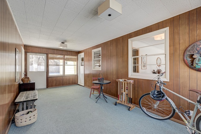 sitting room with light carpet and wooden walls