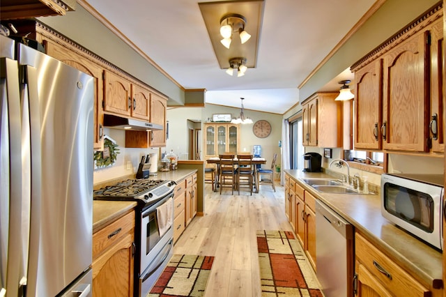 19241 Ebony Rd, Osakis, MN 56360 - kitchen featuring appliances with stainless steel finishes, a sink, under cabinet range hood, ornamental molding, and light wood finished floors
