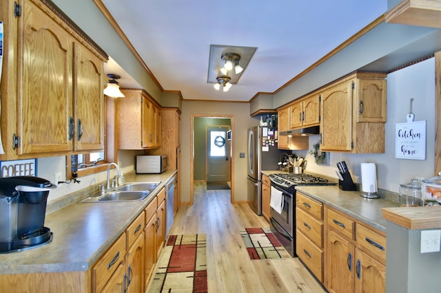 19241 Ebony Rd, Osakis, MN 56360 - kitchen with stainless steel appliances, a sink, light wood-style flooring, under cabinet range hood, and crown molding