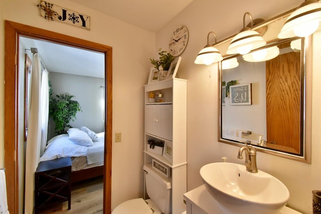 19241 Ebony Rd, Osakis, MN 56360 - bathroom with wood finished floors, toilet, connected bathroom, and vanity