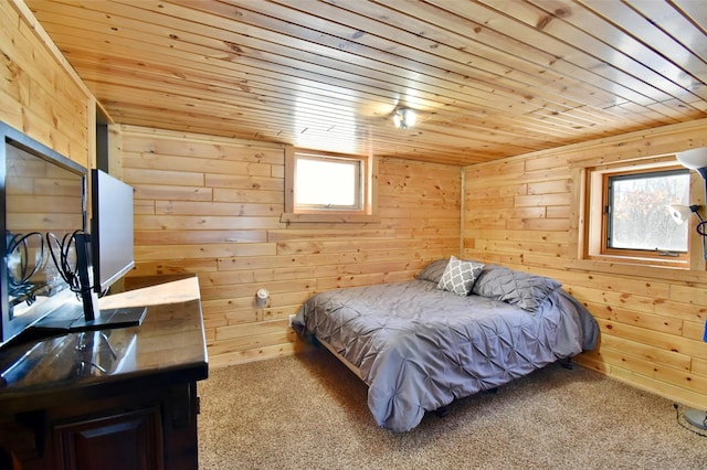 19241 Ebony Rd, Osakis, MN 56360 - bedroom featuring wooden ceiling, carpet floors, and wood walls