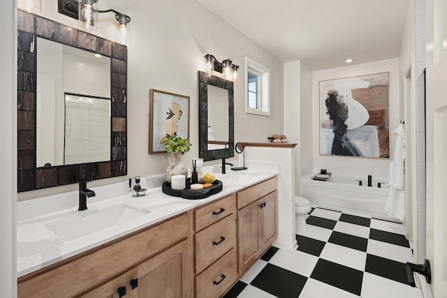 full bathroom with toilet, a sink, a bath, tile patterned floors, and double vanity