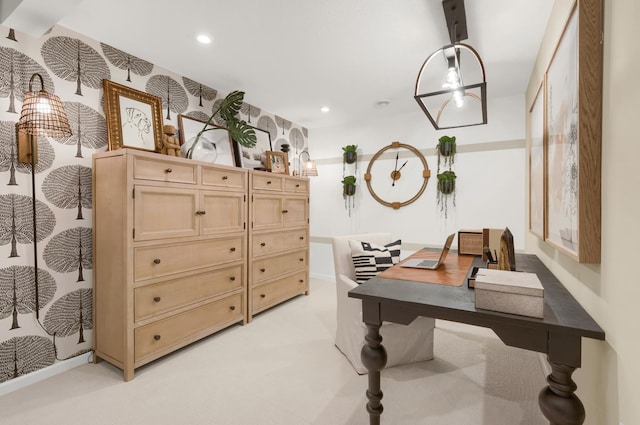 office with wallpapered walls, recessed lighting, and light colored carpet