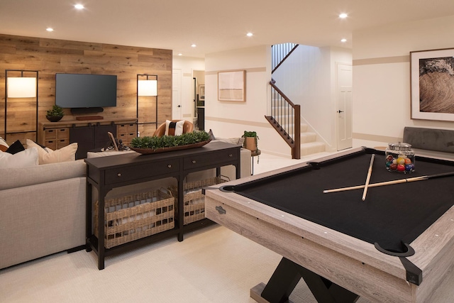 playroom with wood walls, billiards, light colored carpet, and recessed lighting