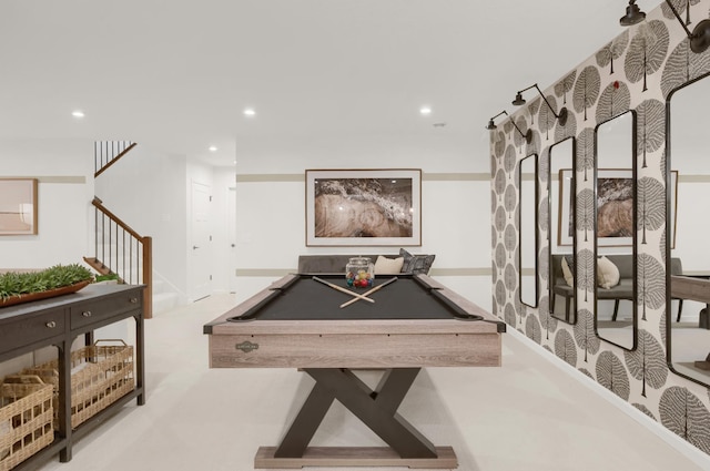 rec room featuring billiards, light colored carpet, and recessed lighting