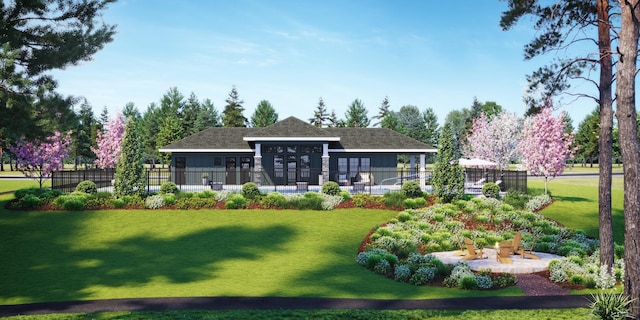 rear view of house with a patio area, a lawn, and fence