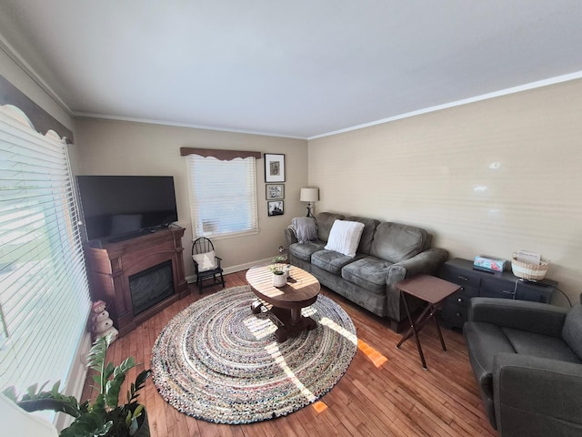 living room featuring ornamental molding, a fireplace, baseboards, and wood finished floors