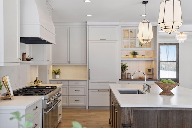 kitchen featuring premium range hood, white cabinetry, a sink, and stainless steel stove