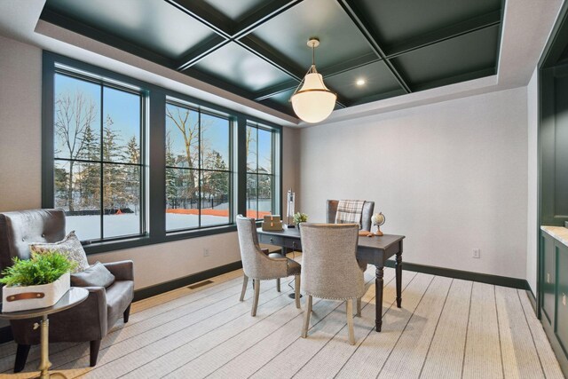 dining area featuring coffered ceiling, baseboards, visible vents, and light wood finished floors