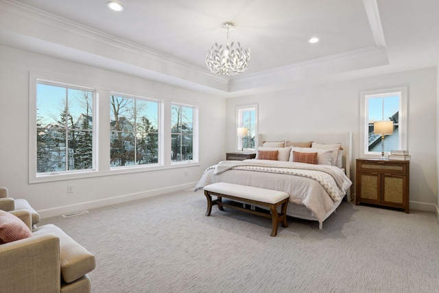 bedroom featuring light carpet, a raised ceiling, visible vents, and crown molding