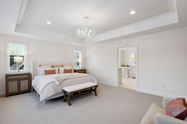 bedroom featuring a chandelier, a raised ceiling, light carpet, and baseboards