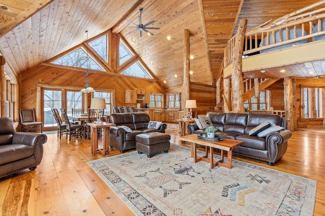 living room with wood ceiling, wooden walls, and wood-type flooring