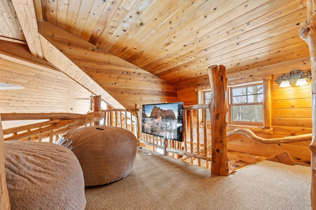 living area featuring lofted ceiling, wooden ceiling, wood walls, and carpet floors