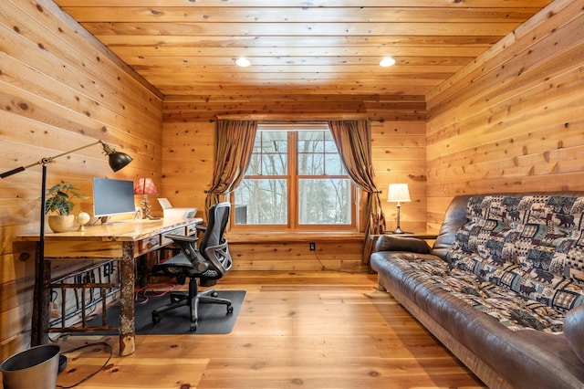 office space featuring wooden ceiling, hardwood / wood-style floors, wooden walls, and recessed lighting