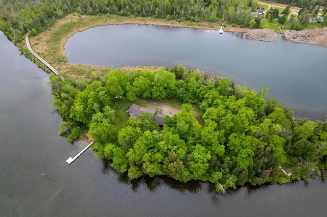 drone / aerial view featuring a view of trees and a water view