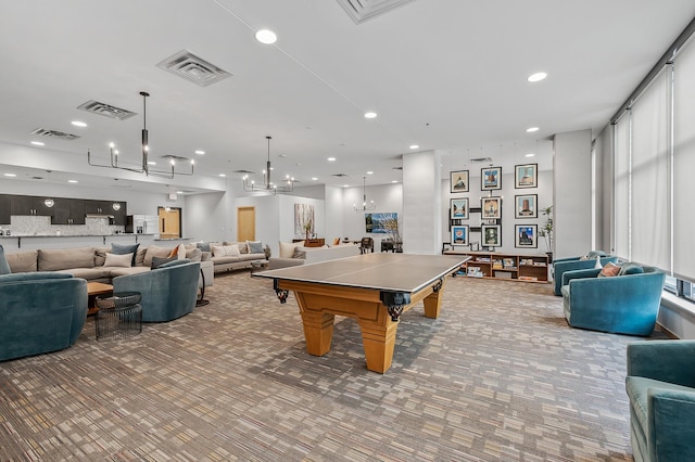 recreation room with carpet, visible vents, and recessed lighting