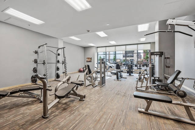 workout area with carpet floors, floor to ceiling windows, and baseboards