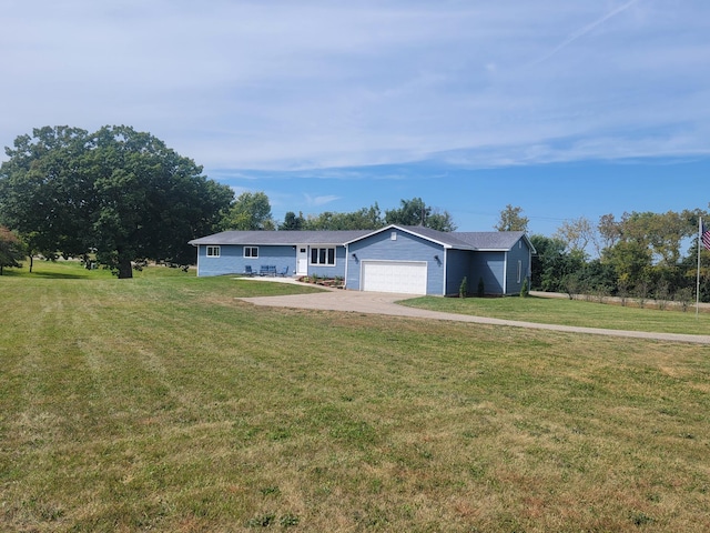 ranch-style house with a garage, driveway, and a front lawn