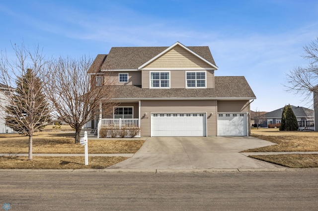 view of front of property with a porch, concrete driveway, a garage, and roof with shingles